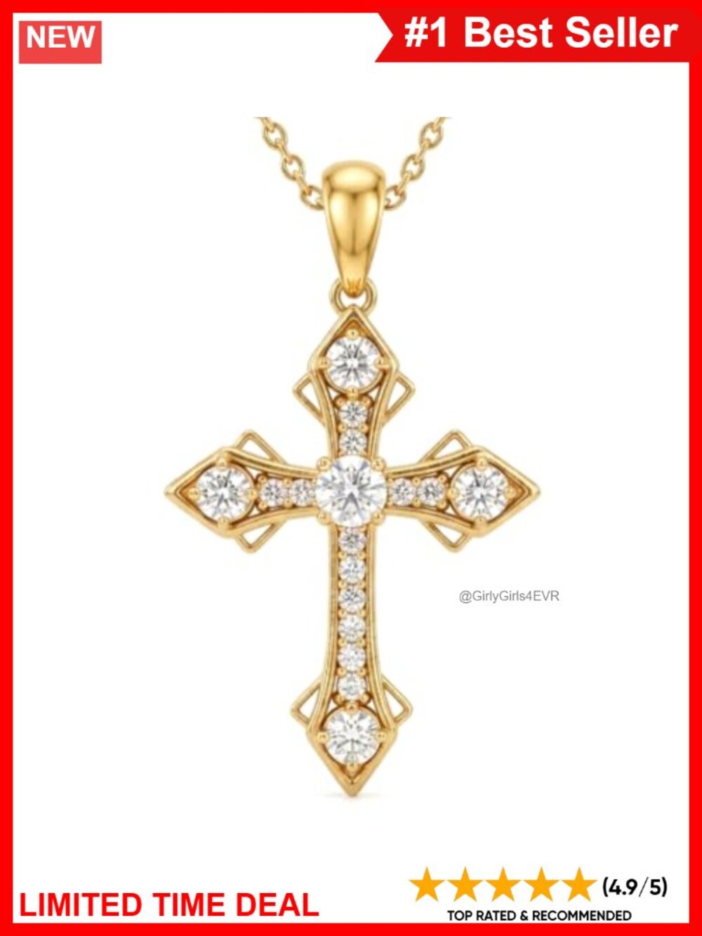 14K Gold Plated Cross Necklace 18+2" Adjustable Cable Chain Pendant